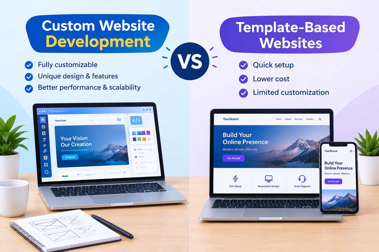 custom website development vs template-based websites